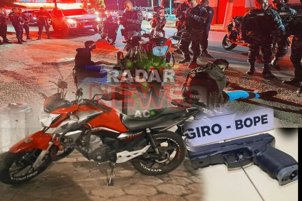 Batalhão de Operações Especiais (BOPE) prende dupla com simulacro e moto roubada em Rio Branco.