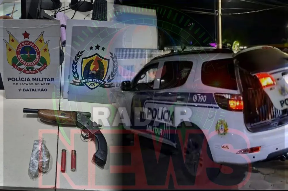 FORÇA TÁTICA DO 1º BATALHÃO APREENDE DUPLA DE FACCIONADO COM ARMA DE FOGO E DROGAS EM RÍO BRANCO.