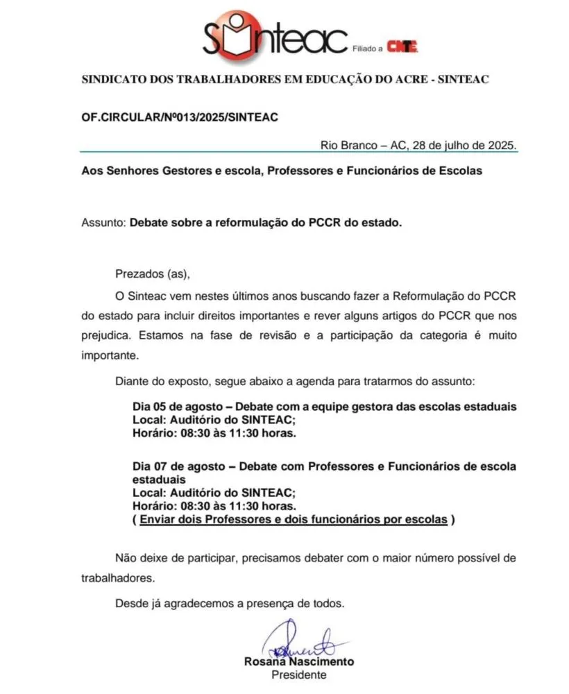 SINTEAC convida Gestores de escola, Professores e Funcionários para um debate sobre a reformulação do PCCR do estado