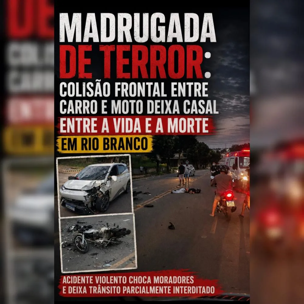 Madrugada de terror: colisão frontal entre carro e moto deixa casal entre a vida e a morte em Rio Branco
