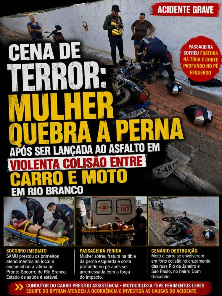 Cena de terror: mulher quebra a perna após ser lançada ao asfalto em violenta colisão entre carro e moto em Rio Branco