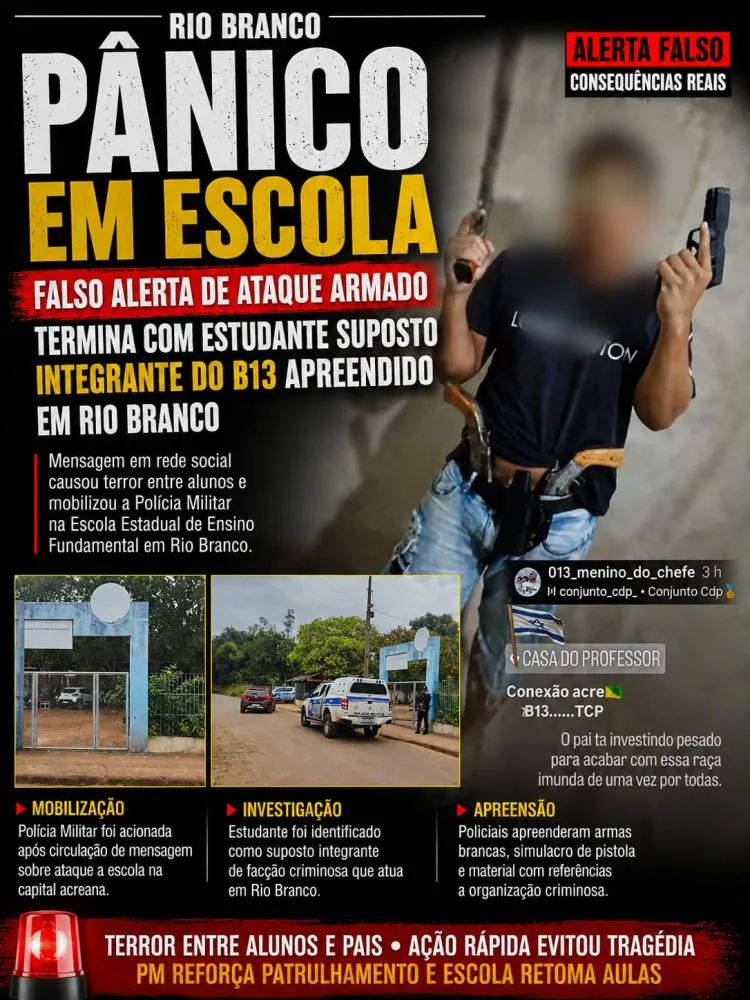 Pânico em escola: falso alerta de ataque armado termina com estudante suposto integrante do B13 apreendido em Rio Branco
