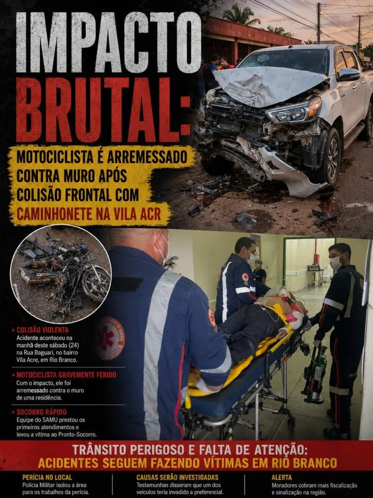 Impacto brutal: motociclista é arremessado contra muro após colisão frontal com caminhonete na Vila Acre