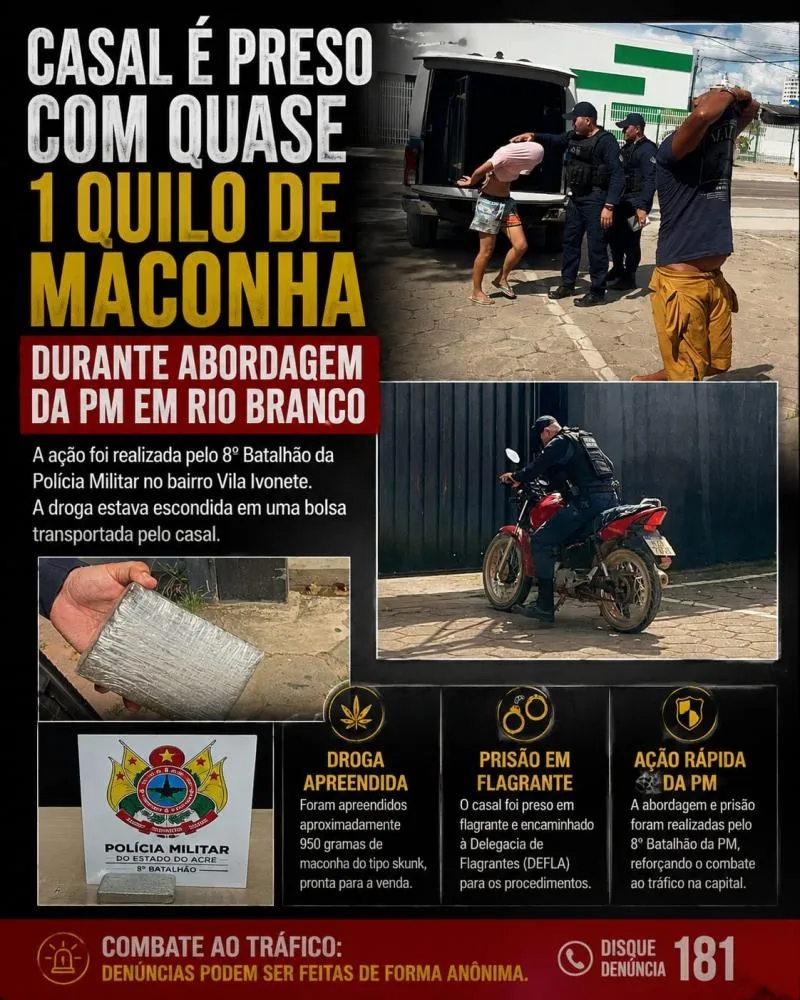 Casal é preso com quase 1 quilo de maconha durante abordagem da PM em Rio Branco