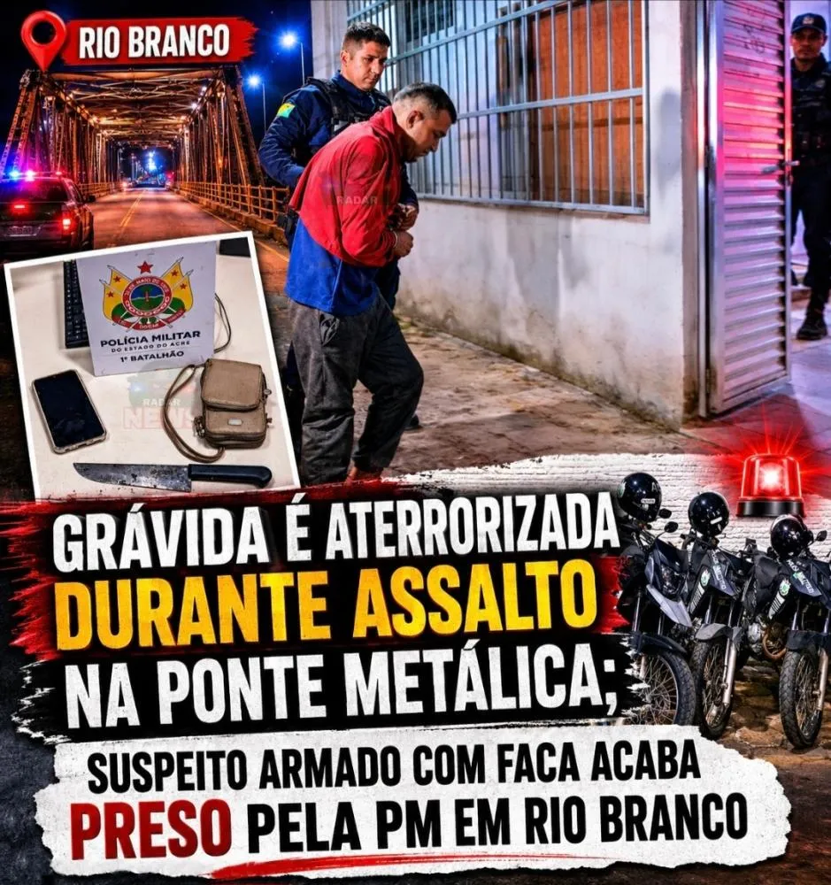 Grávida é aterrorizada durante assalto na Ponte Metálica; suspeito armado com faca acaba preso pela PM em Rio Branco