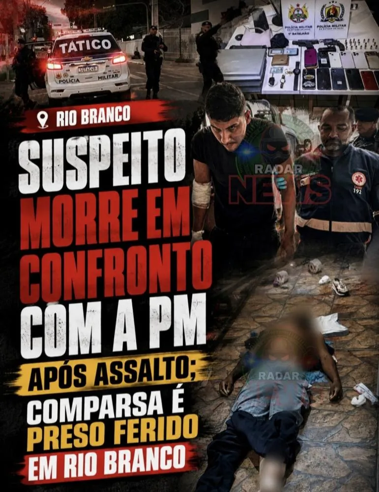 Suspeito morre em confronto com a PM após assalto; comparsa é preso ferido em Rio Branco