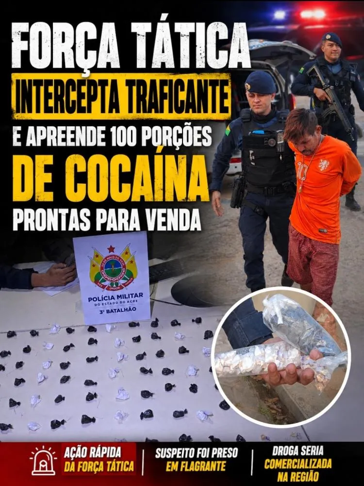 Força Tática intercepta traficante e apreende 100 porções de cocaína prontas para venda em Rio Branco