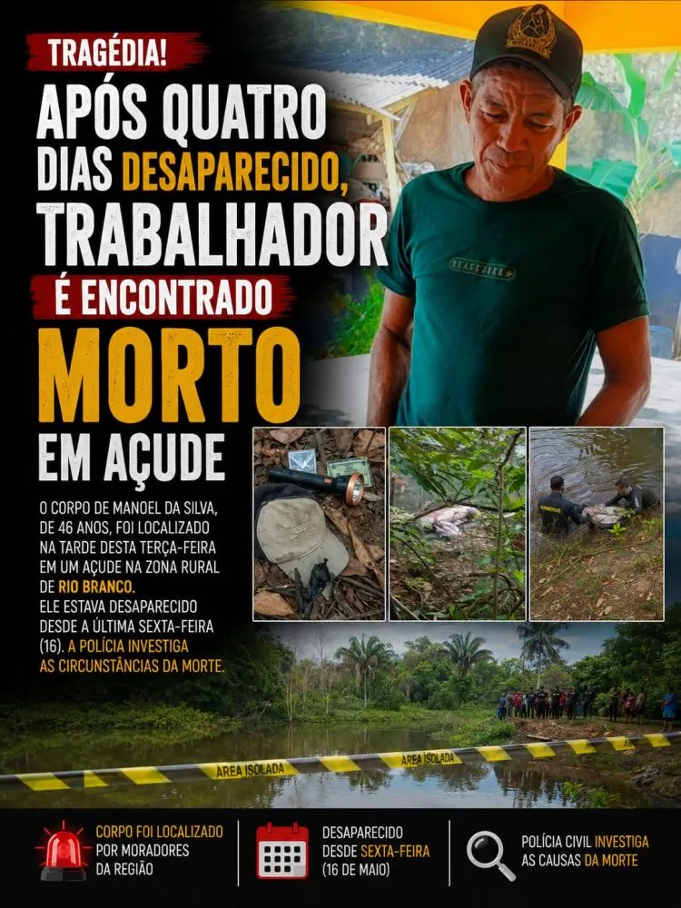 Após quatro dias desaparecido, trabalhador é encontrado morto em açude; família levanta suspeitas e cobra investigação