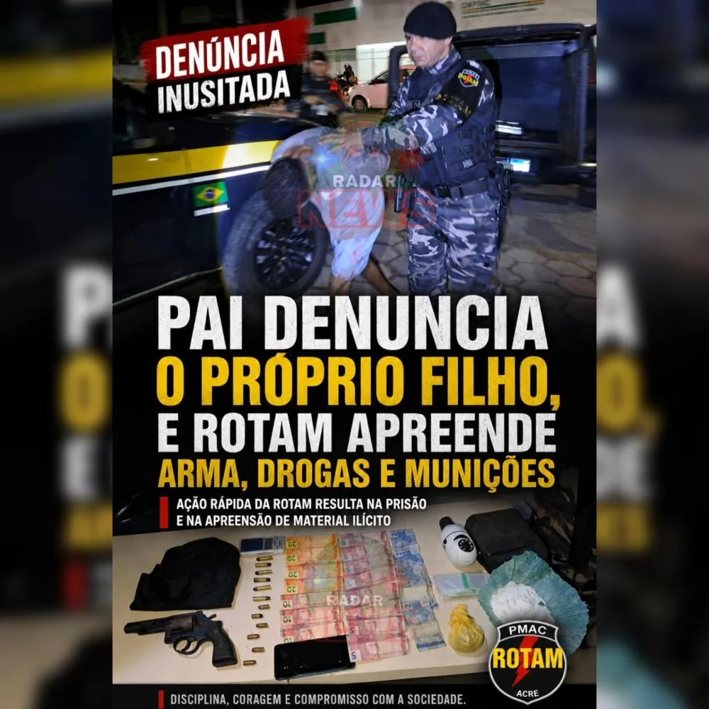 Pai denuncia o próprio filho, e ROTAM apreende arma, drogas e munições em Rio Branco