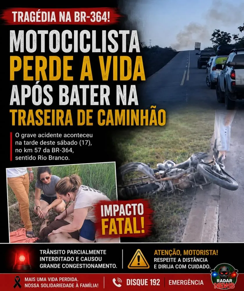 VÍDEO; TRAGÉDIA na BR-364: motociclista perde a vida após bater na traseira de caminhão