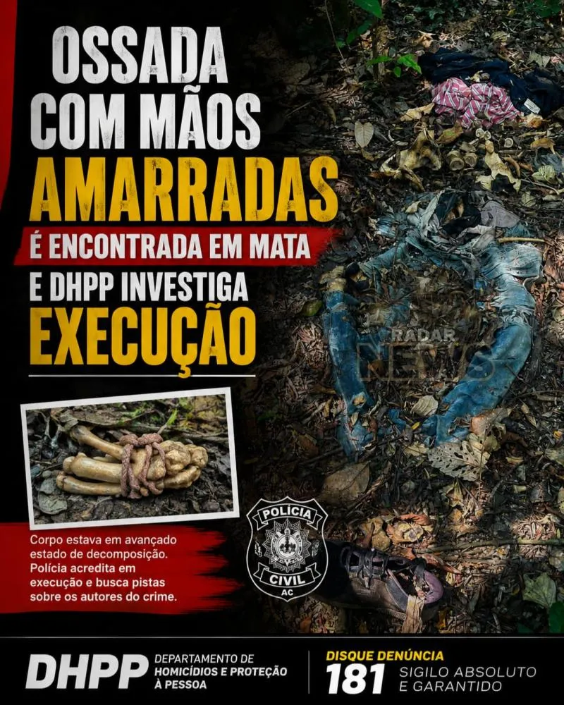Ossada com mãos amarradas é encontrada em mata e DHPP investiga execução em Rio Branco